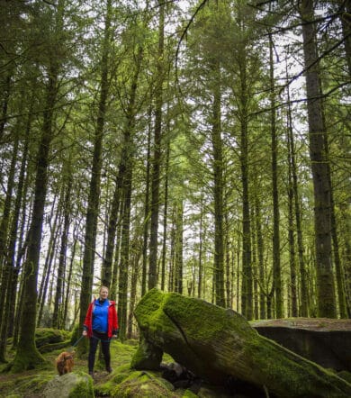 Woman and Dog exploring megalithic tombs in the Cavan Burren Park